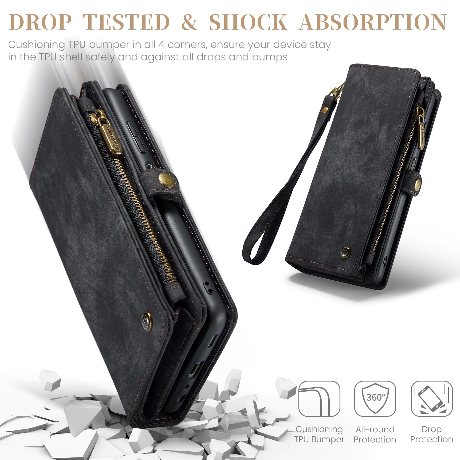 For Samsung Galaxy A16 5G / A16 4G Case CASEME 008 Series Detachable Leather Zipper Wallet Phone Cover - Black For Samsung Galaxy A16 5G / A16 4G Case CASEME 008 Series Detachable Leather Zipper Wallet Phone Cover - Black